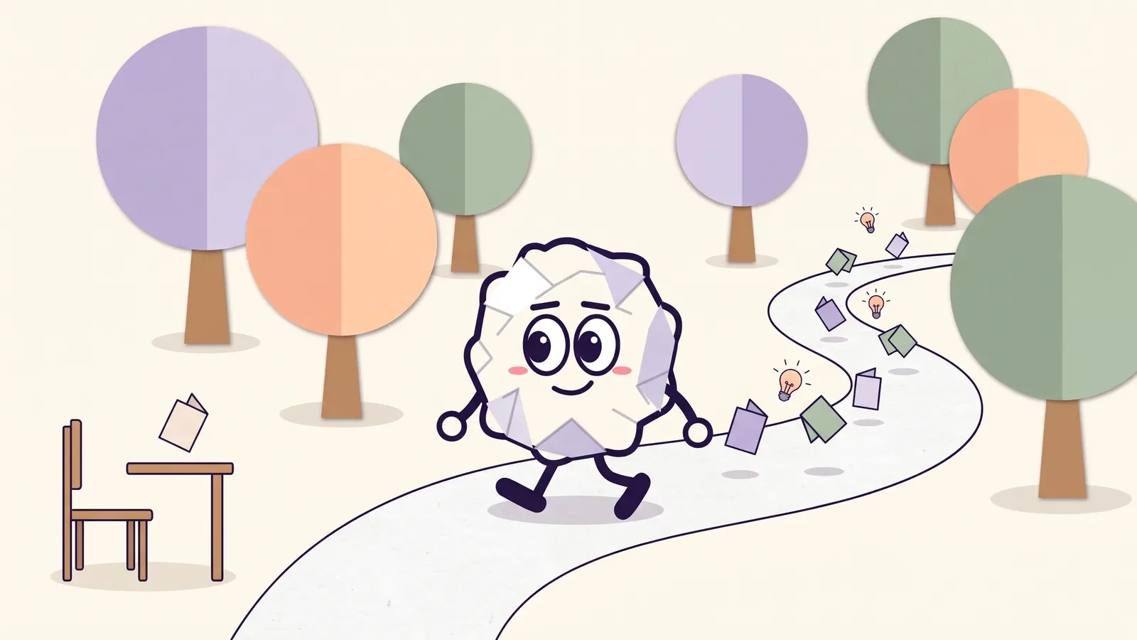 Pip the paper ball walking a winding park path as paper cards and small lightbulbs trail behind, while an empty desk holds just one card