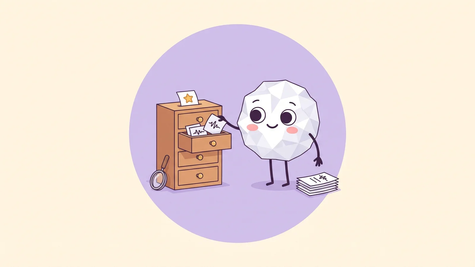 Pip the paper ball dropping paper slips with sound-wave doodles into a small wooden three-drawer cabinet topped with a slip marked by a gold star, illustrating a few folders plus a starred favorite