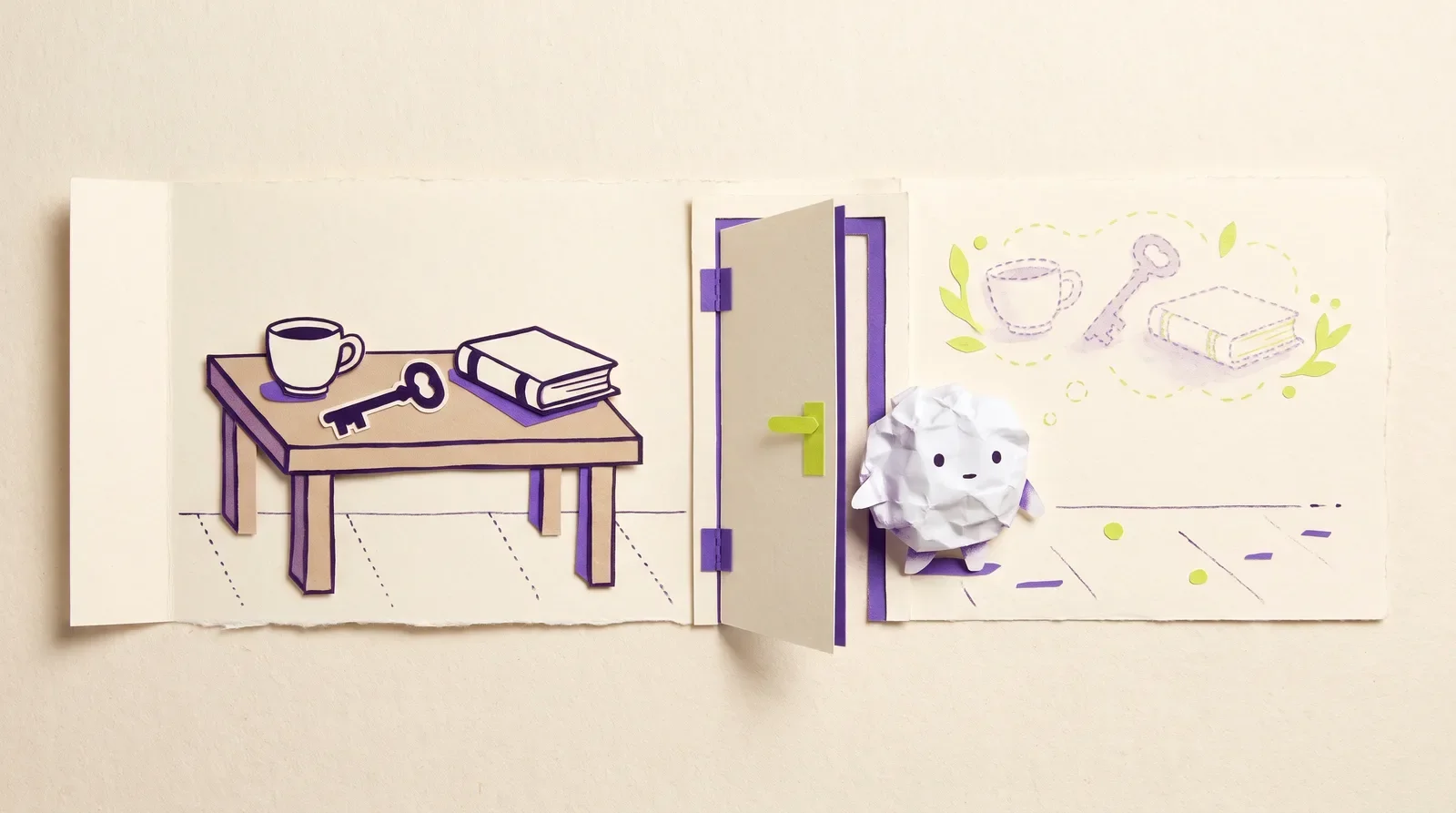 Paper storyboard of two scenes split by a door: a table with a cup, key and book, and Pip the paper ball beside faded ghost copies of them