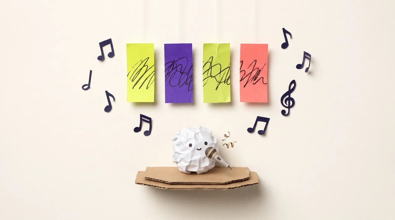 Pip the paper ball singing into a paper microphone on a cardboard stage, under four colored paper strips laid out like song sections