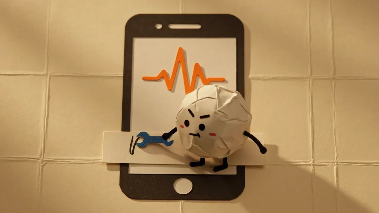 Pip the paper ball holding a tiny wrench beside a paper iPhone with a waveform, fixing a voice memo that has no transcript