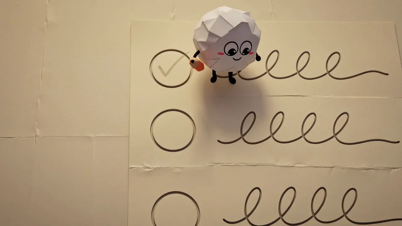 Pip the paper ball ticking off rows on a tall paper checklist with an orange pencil, working through transcription fixes one at a time