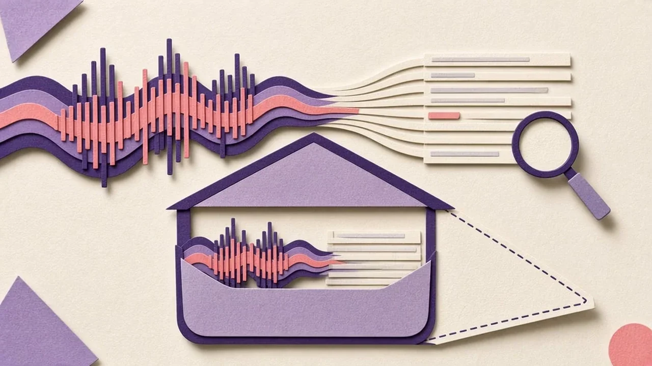 Paper-craft concept art of a purple and coral sound wave turning into strips of text, kept together inside a small paper house