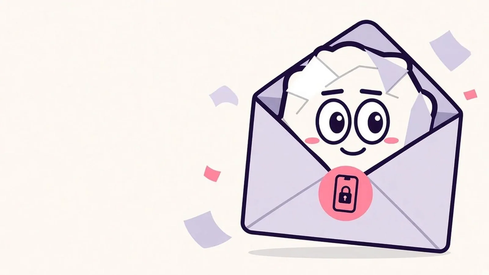 Pip the paper ball tucked inside a lavender paper envelope sealed with a round pink sticker showing a phone and a padlock