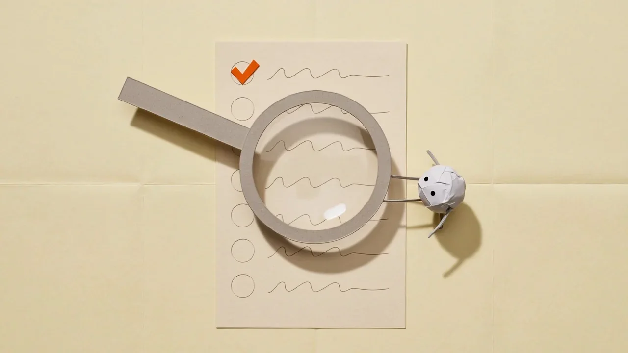 Pip pushing a paper magnifying glass over a checklist with orange check marks, representing checking each app's facts on its own website