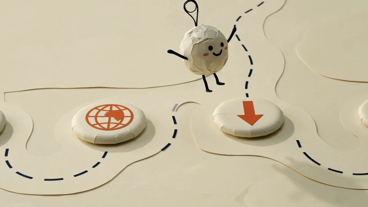Pip the paper ball hopping across stepping stones marked with a microphone, a globe, a download arrow and a retry arrow, the checks for a missing transcript