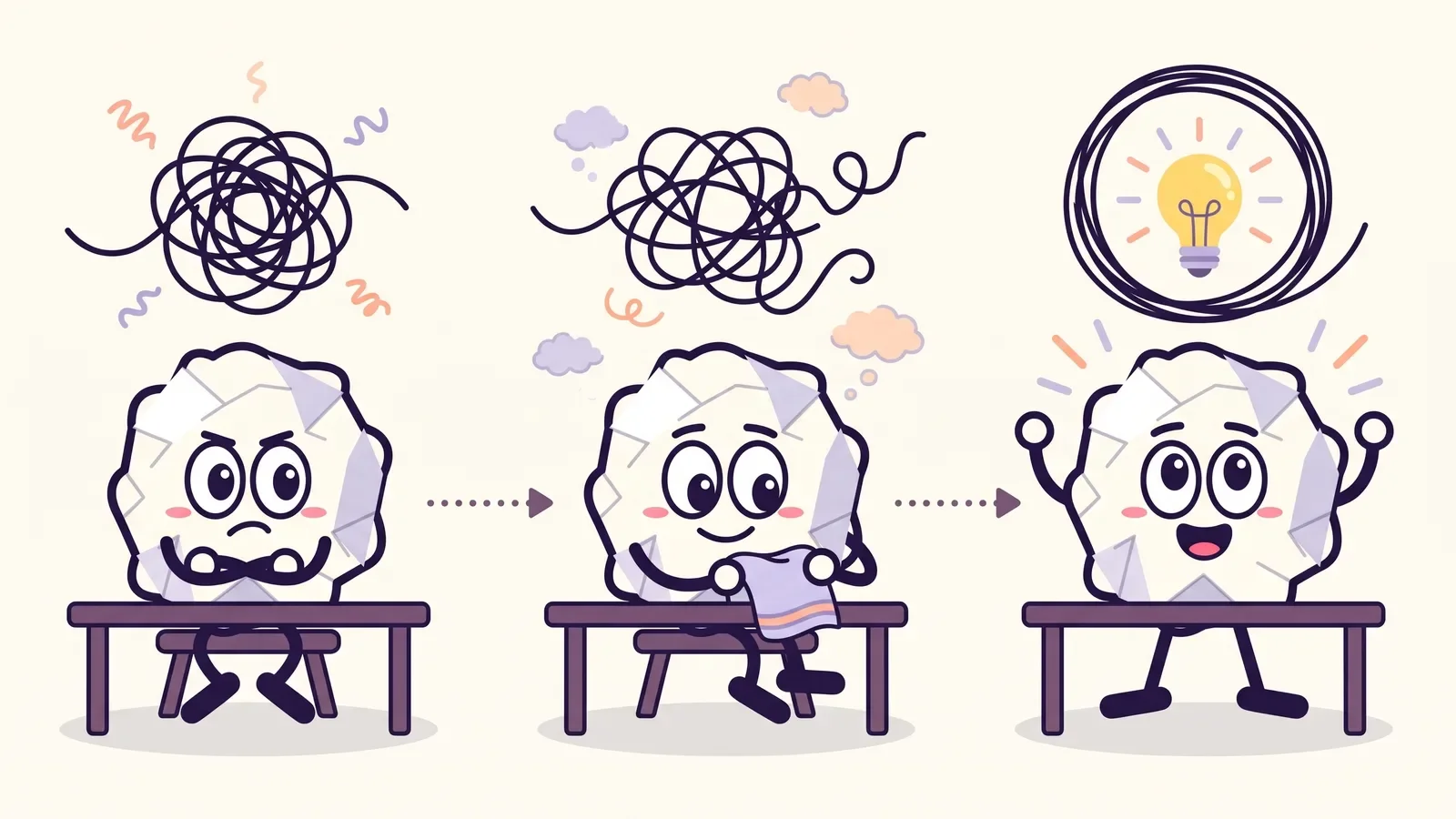 Three panels of Pip the paper ball: frowning at a tangled knot, folding a towel as the knot loosens, then cheering under a glowing lightbulb