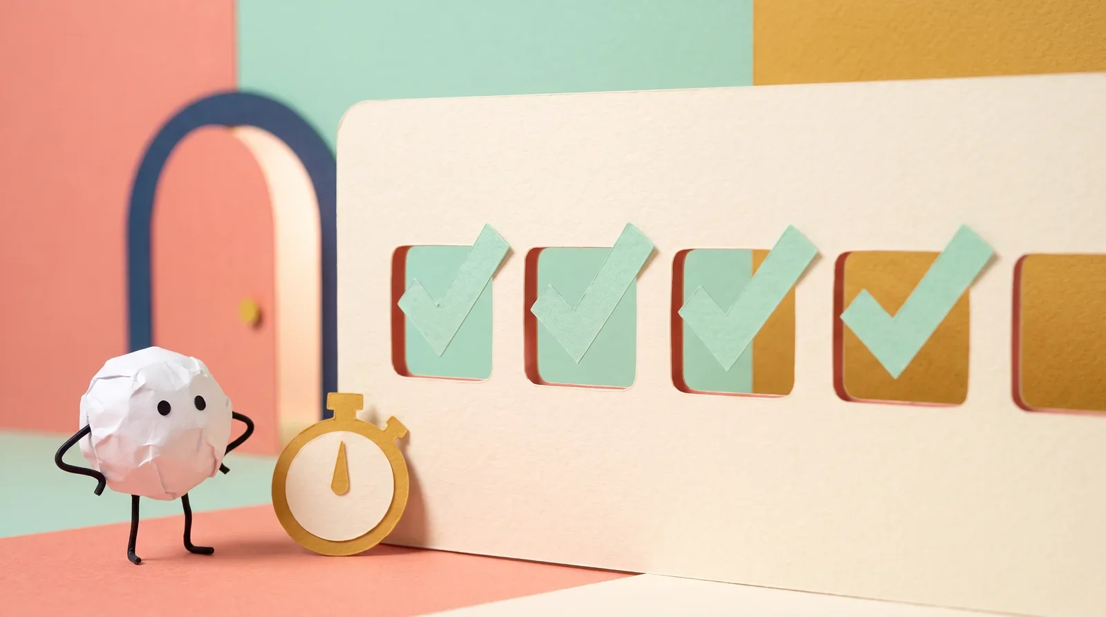 Pip the paper ball beside a paper stopwatch and a wall calendar with four of five squares checked in mint, a coral door arch behind it