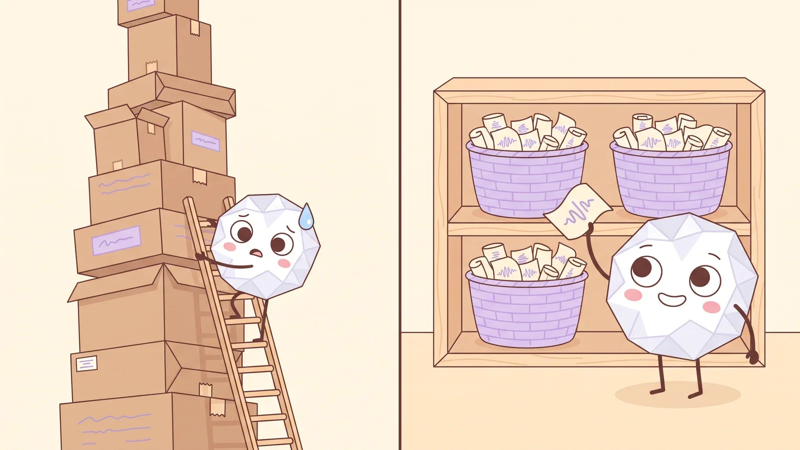 Two panels: Pip clinging to a ladder on a wobbly tower of nested boxes, and Pip smiling as it lifts a slip from one of three baskets on a low shelf, contrasting deep nested folders with a few shallow ones
