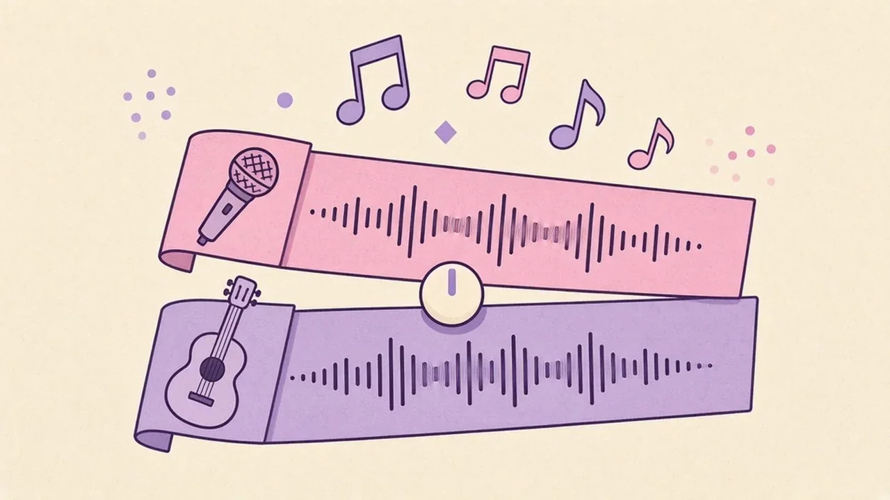 Two stacked paper waveform strips, one marked with a guitar and one with a microphone, with a mixing knob between them, showing a layered song recording