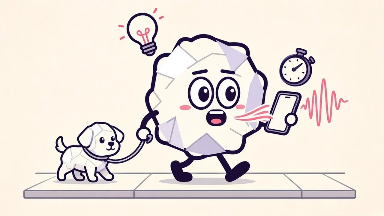 Pip the paper ball walking a small paper dog, having an idea and speaking into an iPhone while a small stopwatch shows a quick capture