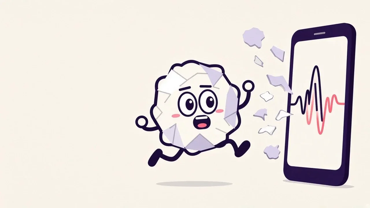Pip the paper ball leaping toward an iPhone showing a sound wave, with paper scraps flying like ideas in motion
