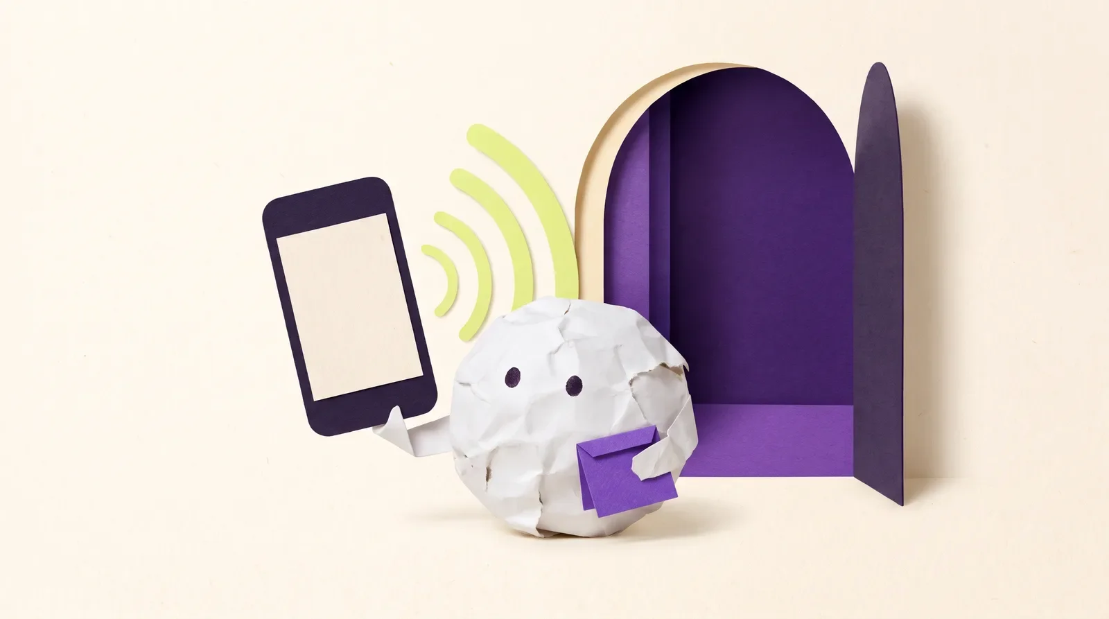 Pip the paper ball pausing at an arched purple doorway, holding a blank phone shape as lime sound waves fold into a small purple note