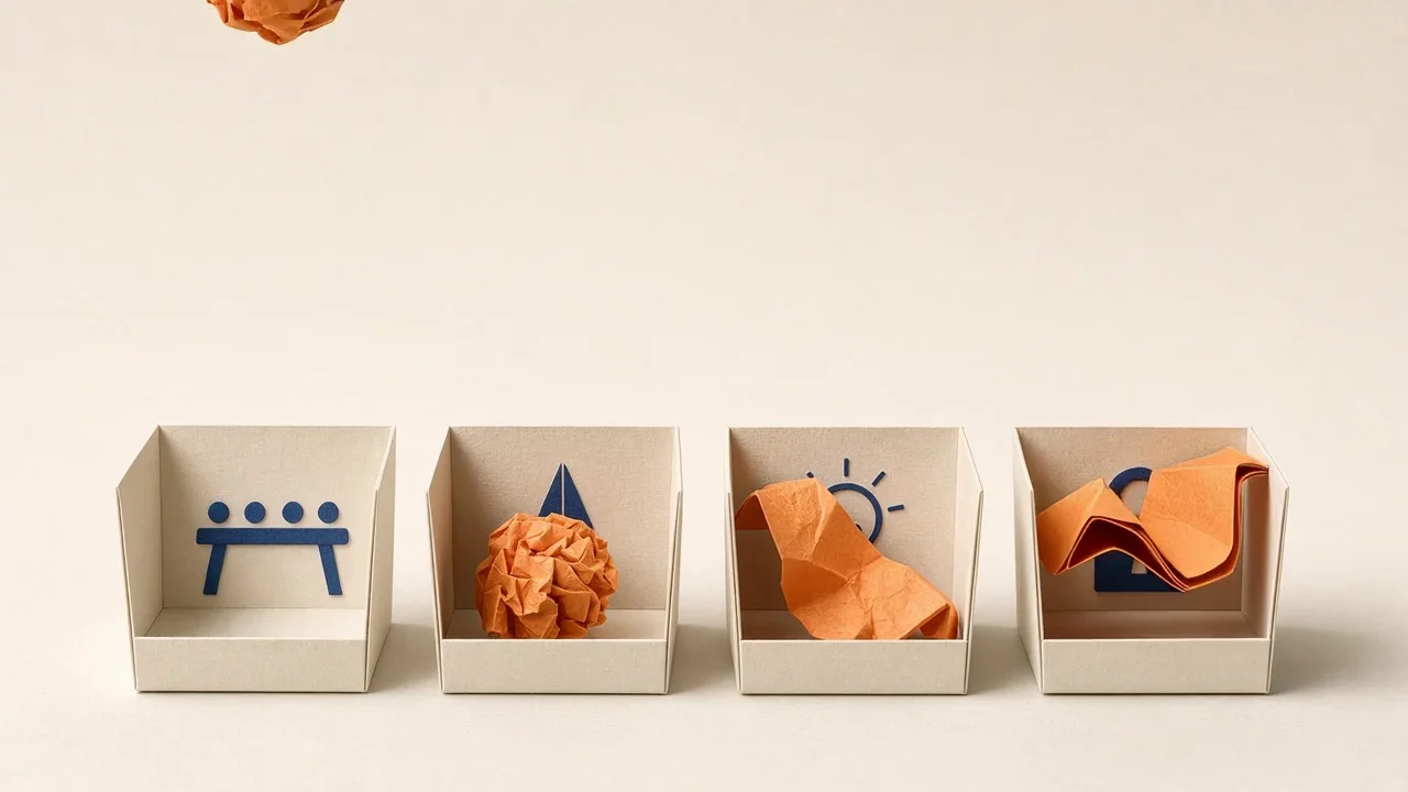 Four paper bins marked with a meeting table, a pen nib, a lightbulb and a padlock, with paper ideas dropping into the bin that matches each need