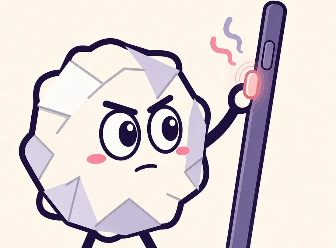 Illustration of Pip the paper ball pressing and holding a glowing side button on an iPhone edge as sound ribbons rise from it