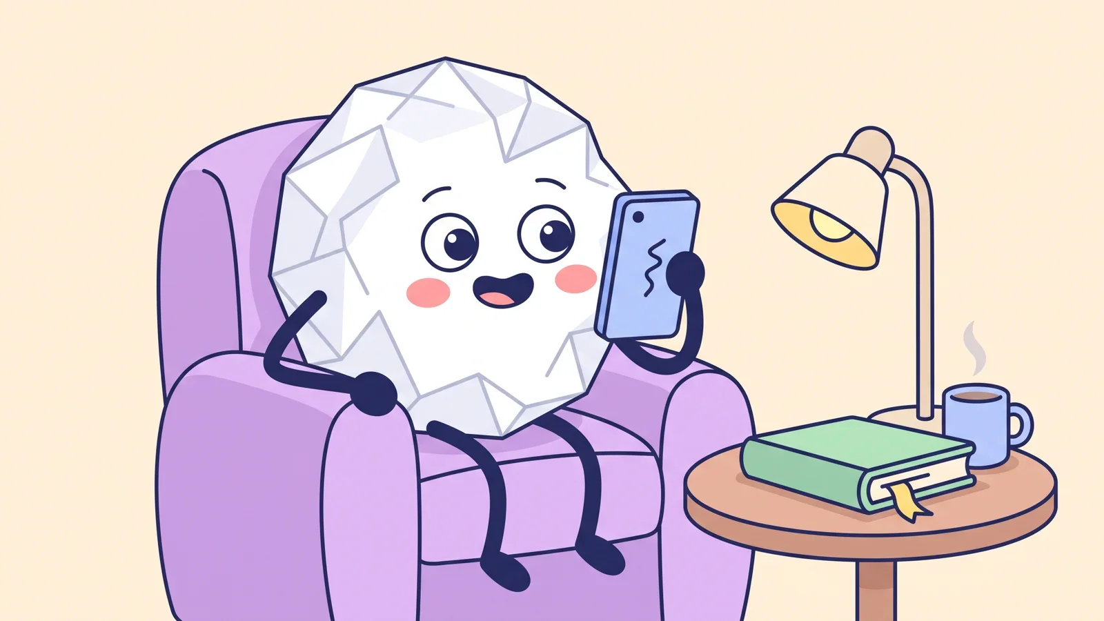 Pip the paper ball in a lavender armchair, speaking a chapter recap into a plain phone beside a reading lamp, a mug of tea and a closed green book
