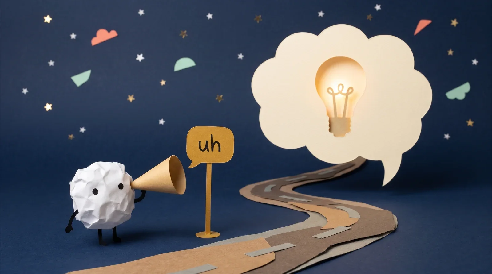 Pip the paper ball beside a small sign reading uh at the start of a winding paper road that leads to a big speech bubble with a lightbulb