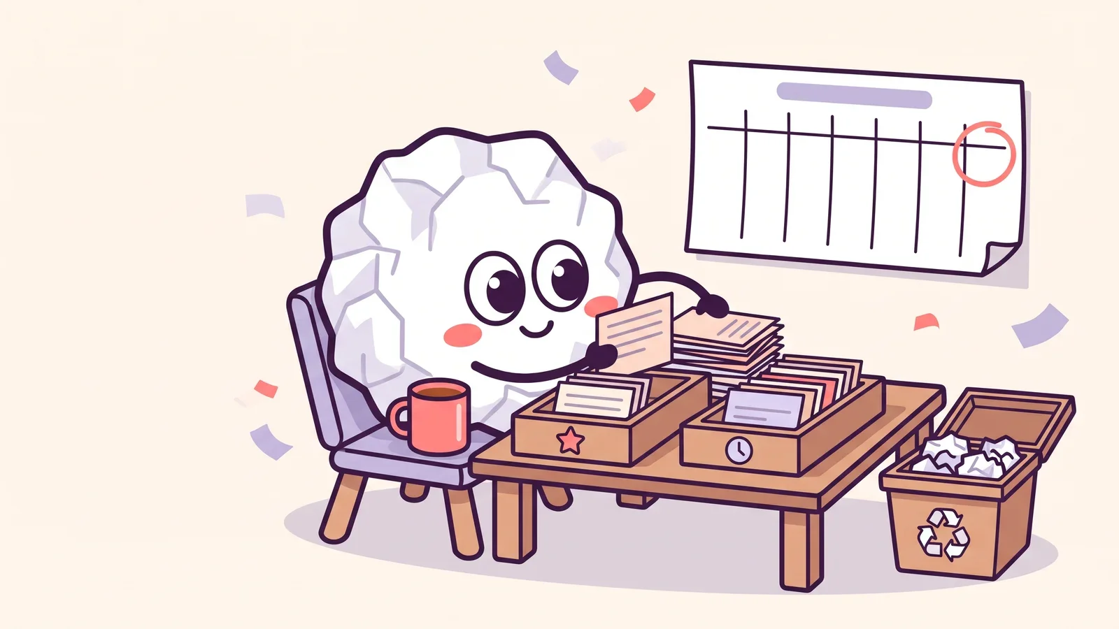 Pip the paper ball at a desk with tea, sorting paper idea cards into a starred tray, a clock tray and a recycling bin under a weekly wall calendar
