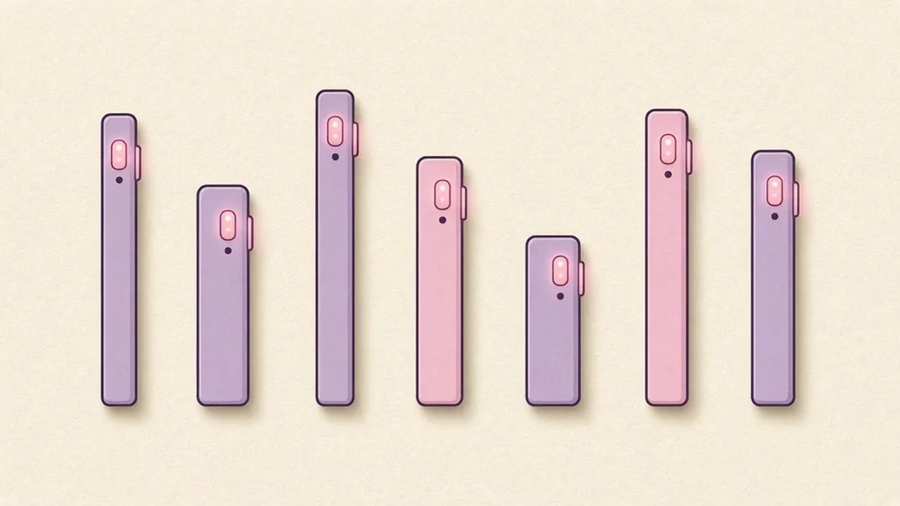 A row of seven stylized paper phone silhouettes of different sizes, each with a small side button highlighted in pink, standing for iPhone models