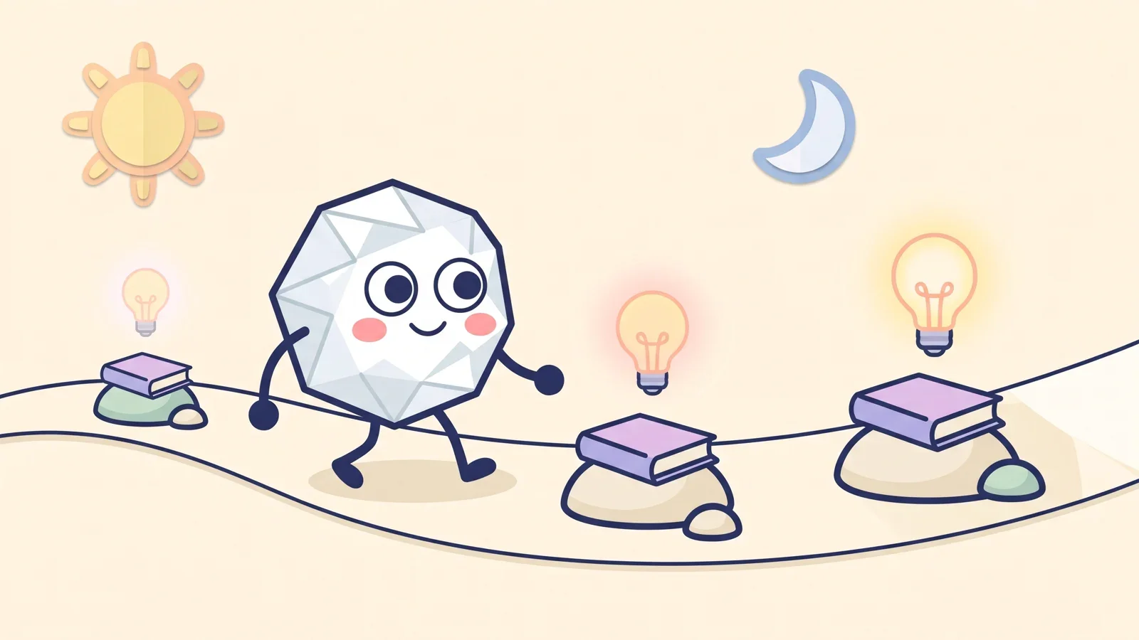 Pip the paper ball walking a winding path past three small books on stones, each with a lightbulb that glows brighter than the last, under a sun and a crescent moon