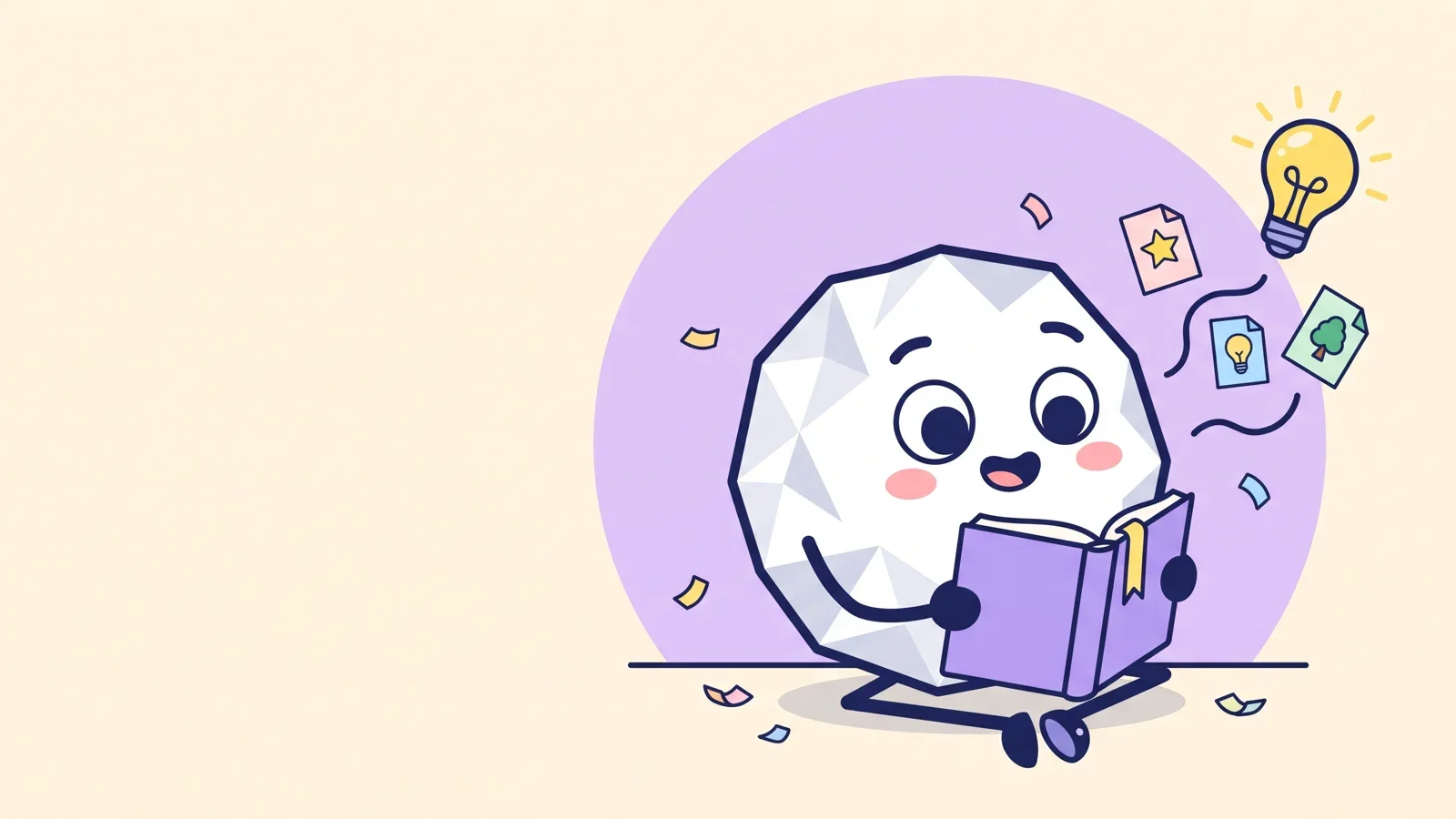 Pip the paper ball sitting cross-legged with a lavender book, talking as paper cards with a star, lightbulb and tree float up toward a glowing bulb