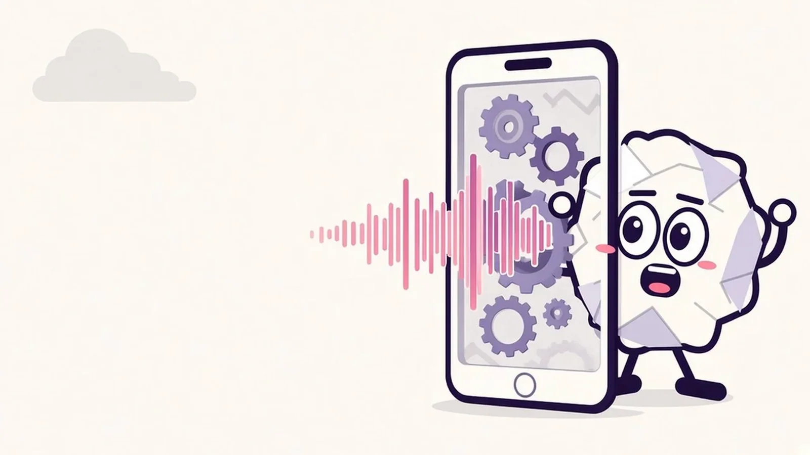 Pip the paper ball peeking around an iPhone whose open screen shows paper gears turning a sound wave into text, with a faded cloud far away