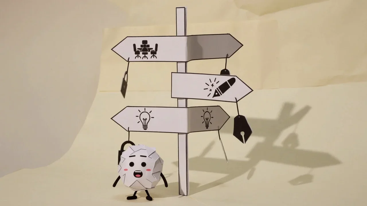 Pip the paper ball under a signpost with arrows marked by a meeting table, a pen nib, a lightbulb and a padlock, the different needs behind choosing an app
