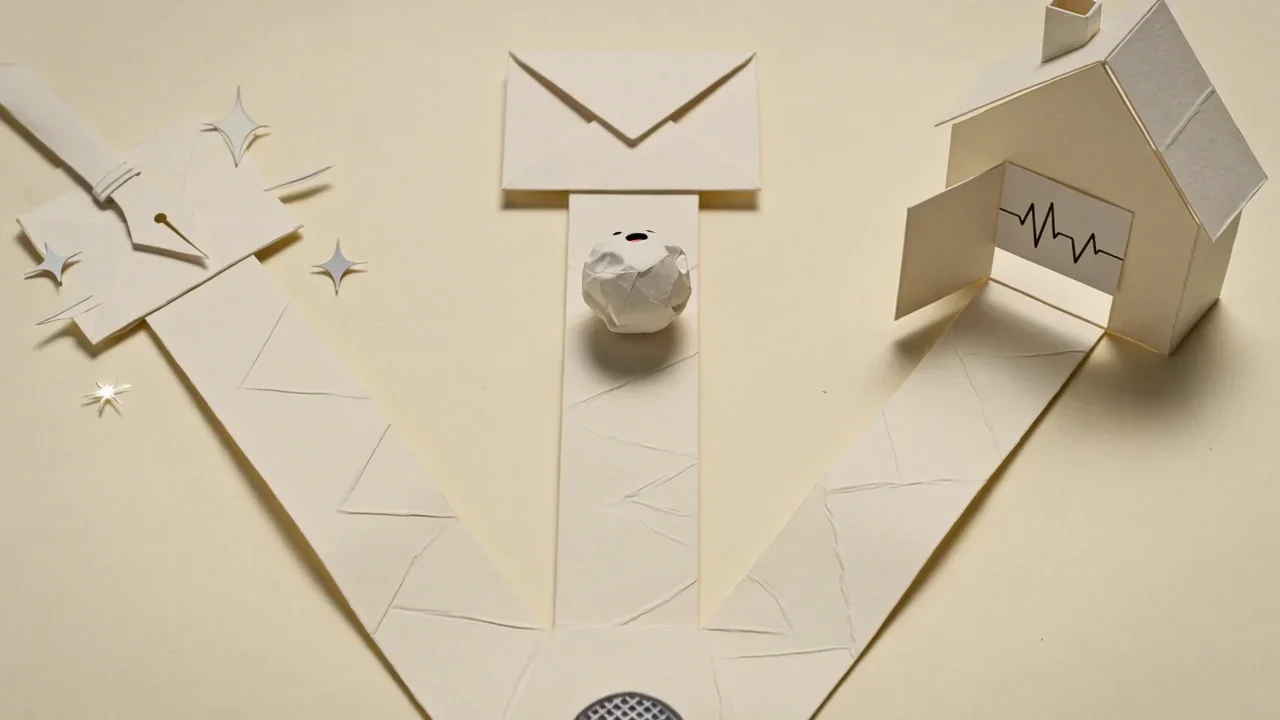 Paper waveform folding itself into an envelope that flies from an iPhone toward a small blue paper mailbox, illustrating voice memos delivered by email