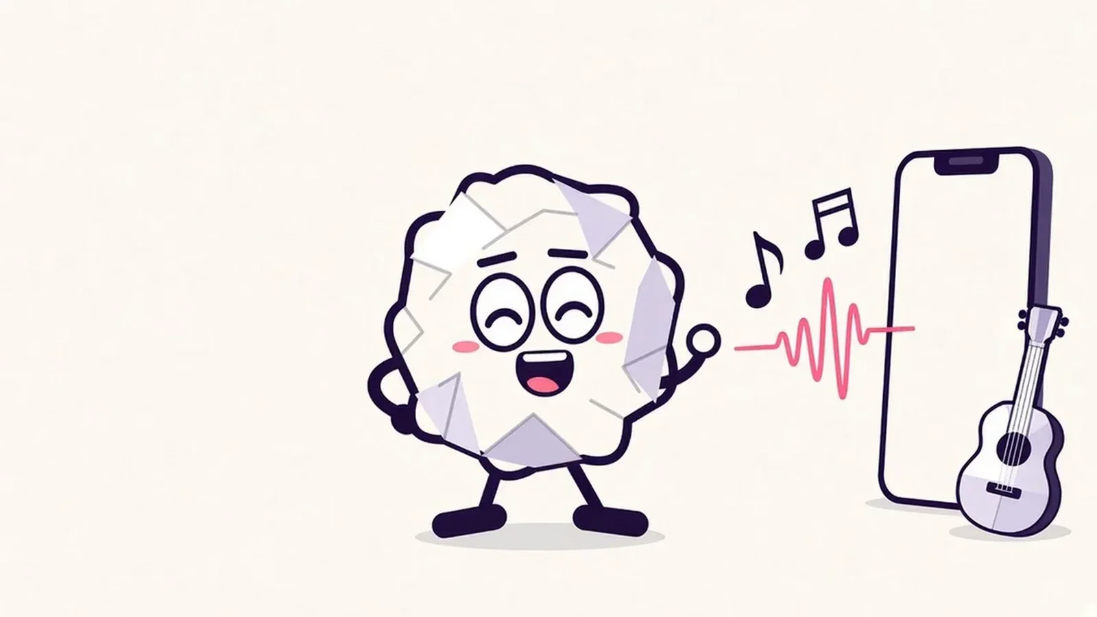 Pip the paper ball humming with eyes closed as paper music notes and a pink sound wave float into an iPhone beside a small guitar