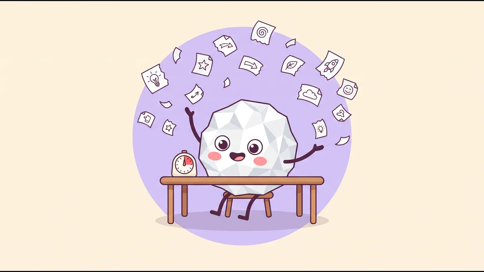 Pip the paper ball at a small desk beside a kitchen timer, happily tossing paper scraps with lightbulb, star and rocket doodles into the air