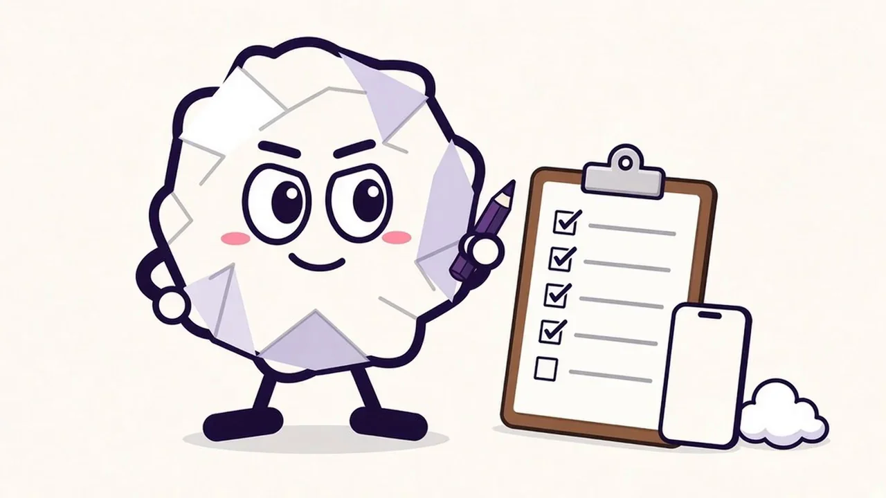Pip the paper ball holding a pencil beside a clipboard checklist with four of five items ticked, next to a small iPhone and cloud