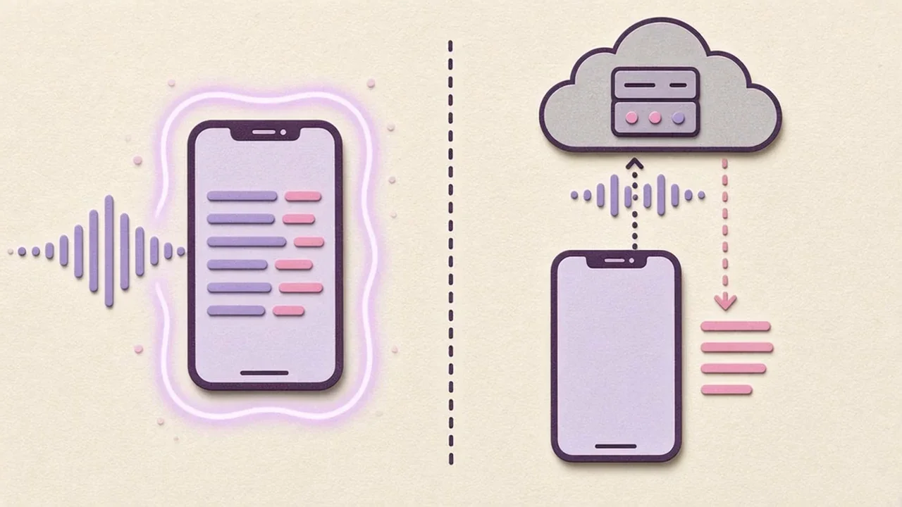 Split diagram: on the left, speech turns into text inside a glowing iPhone; on the right, audio travels up to a cloud server and text comes back down