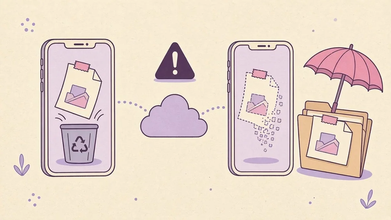 Two iPhones linked through a cloud: a note dropped in the trash on one phone fades from the other, while a safe copy sits in a folder under an umbrella