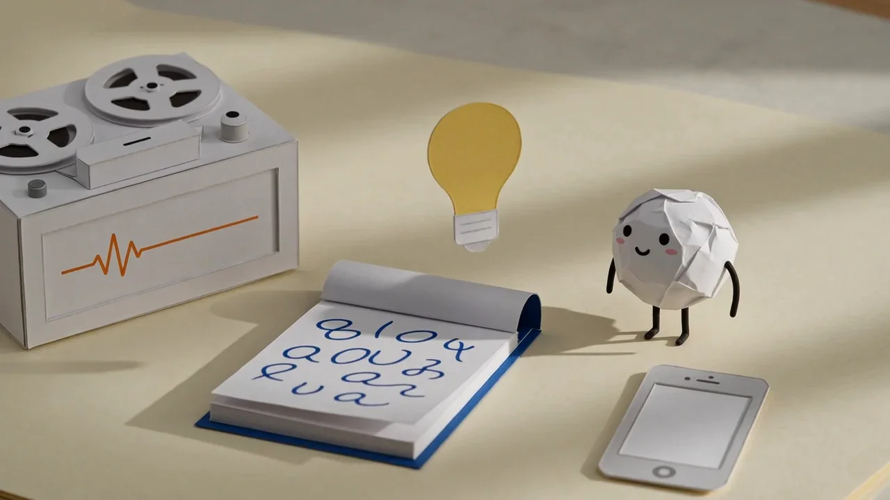Paper tape recorder, blue notepad and Pip beside an iPhone on a desk, the three ways to capture an idea: Voice Memos, Notes and Spitball