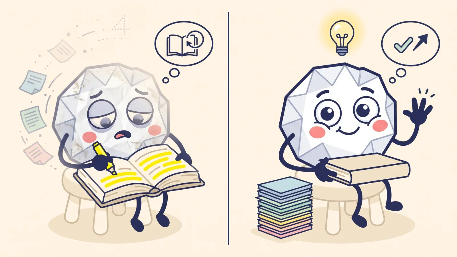 Two panels of Pip the paper ball: on the left, drowsy and highlighting a book in yellow as notes drift away; on the right, book closed, waving beside a tall stack of cards