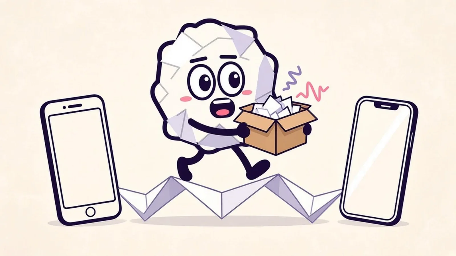 Pip the paper ball carrying a box of paper notes and sound waves across a folded paper bridge from an old iPhone to a new one