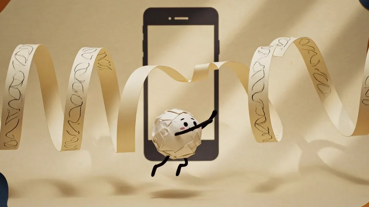 Pip the paper ball catching a paper strip of text as sound waves from an iPhone turn into lines of writing, showing a voice memo becoming a transcript