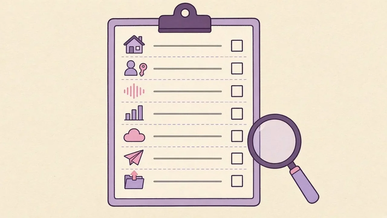 A clipboard checklist with seven rows, each marked by an icon: a house, a person with a key, a sound wave, a bar chart, a cloud, a paper airplane and a folder