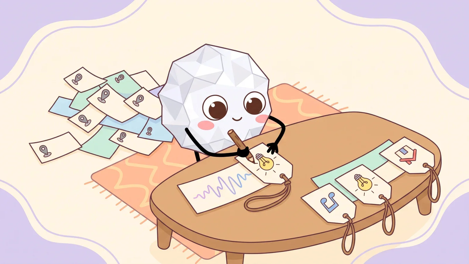 Pip the paper ball at a low table drawing a lightbulb on a paper tag tied to a sound-wave slip, beside a messy pile of slips marked only with map pins, illustrating renaming recordings that were named after a location