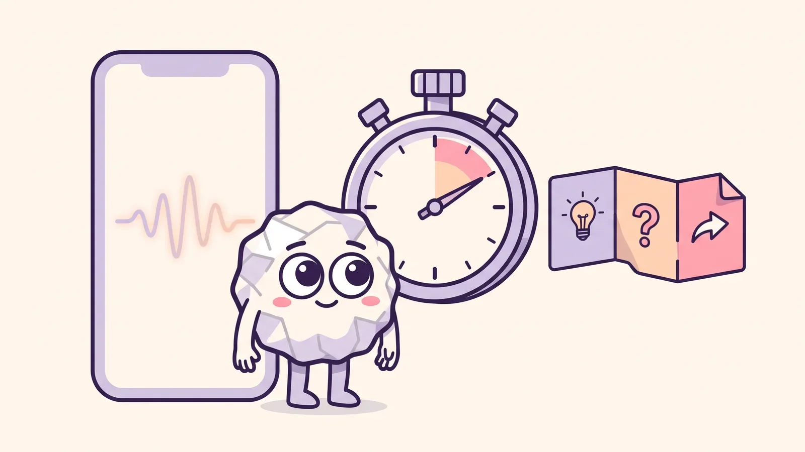 Pip beside a stopwatch and three folded cards showing a lightbulb, a question mark and an arrow, the steps of a 60-second exercise