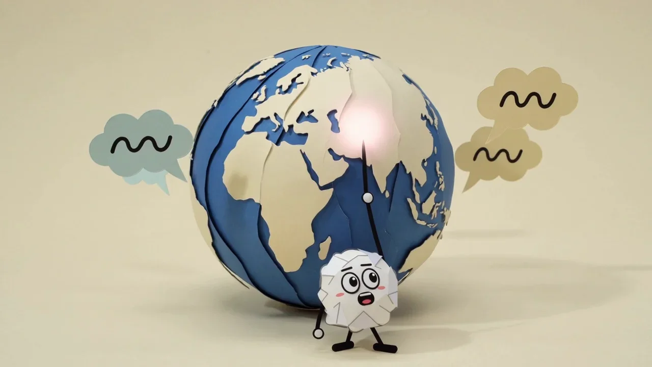 Pip beside a paper globe with speech bubbles orbiting it, pointing at one glowing bubble, representing choosing a supported transcription language