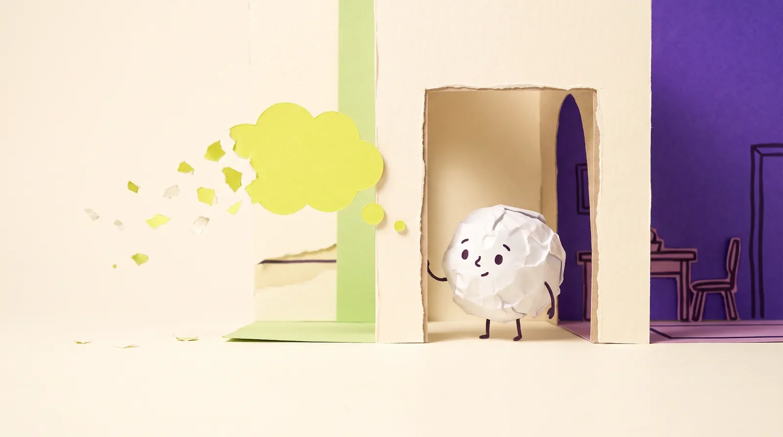 Pip the paper ball standing in a cut-paper doorway as a lime paper thought cloud breaks into scraps in the room behind it