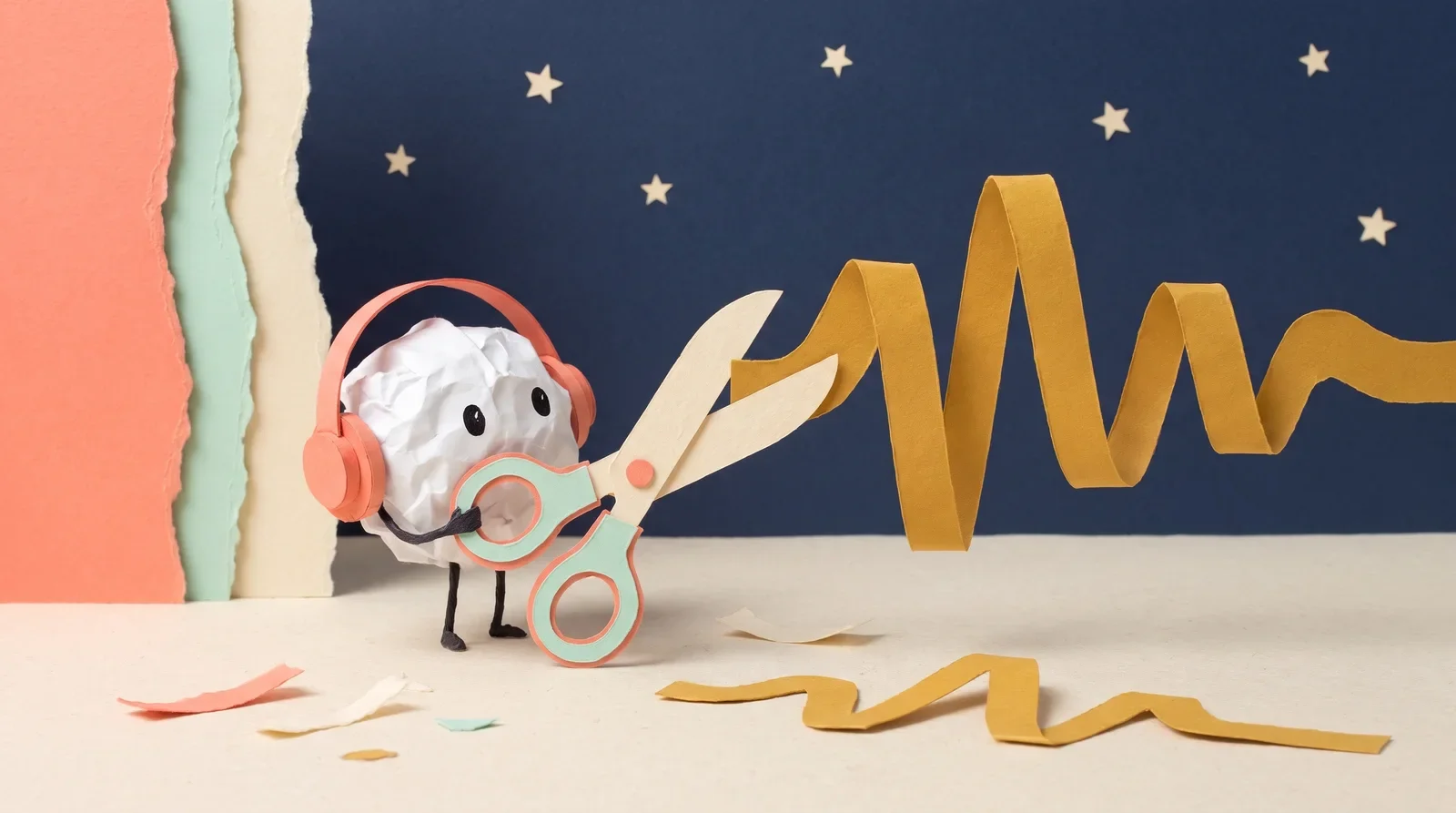 Pip the paper ball in coral headphones snipping a long mustard paper sound wave shorter with big paper scissors, offcuts scattered on the floor