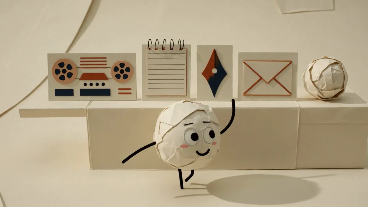 Pip the paper ball looking along a paper shelf of tiles marked with a recorder, notepad, pen nib, envelope and paper ball, comparing voice memo apps
