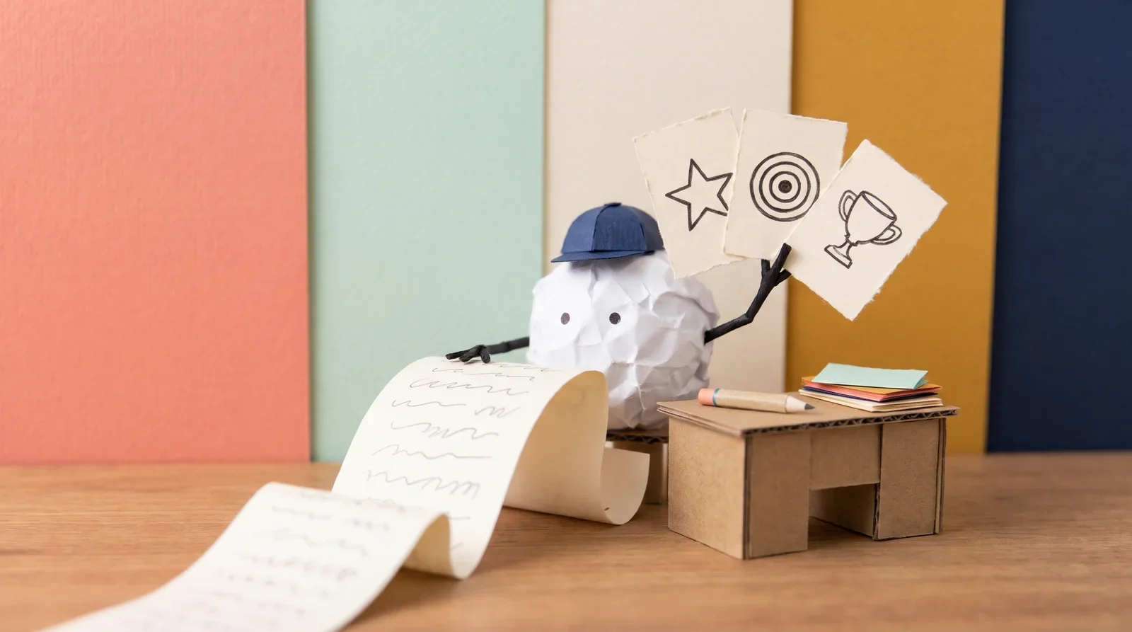 Pip the paper ball in a blue cap holding up three short cards with a star, a target and a trophy, while a long scribbled paper scroll trails away