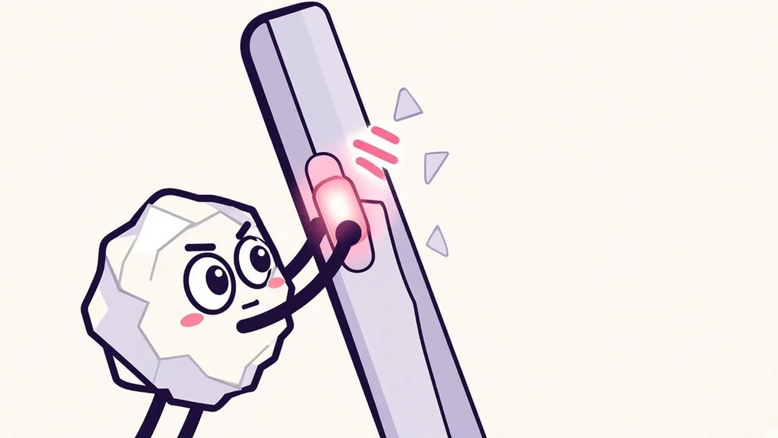 Pip the paper ball pressing and holding a glowing pink side button on a tall paper iPhone edge as a sound wave rises from it