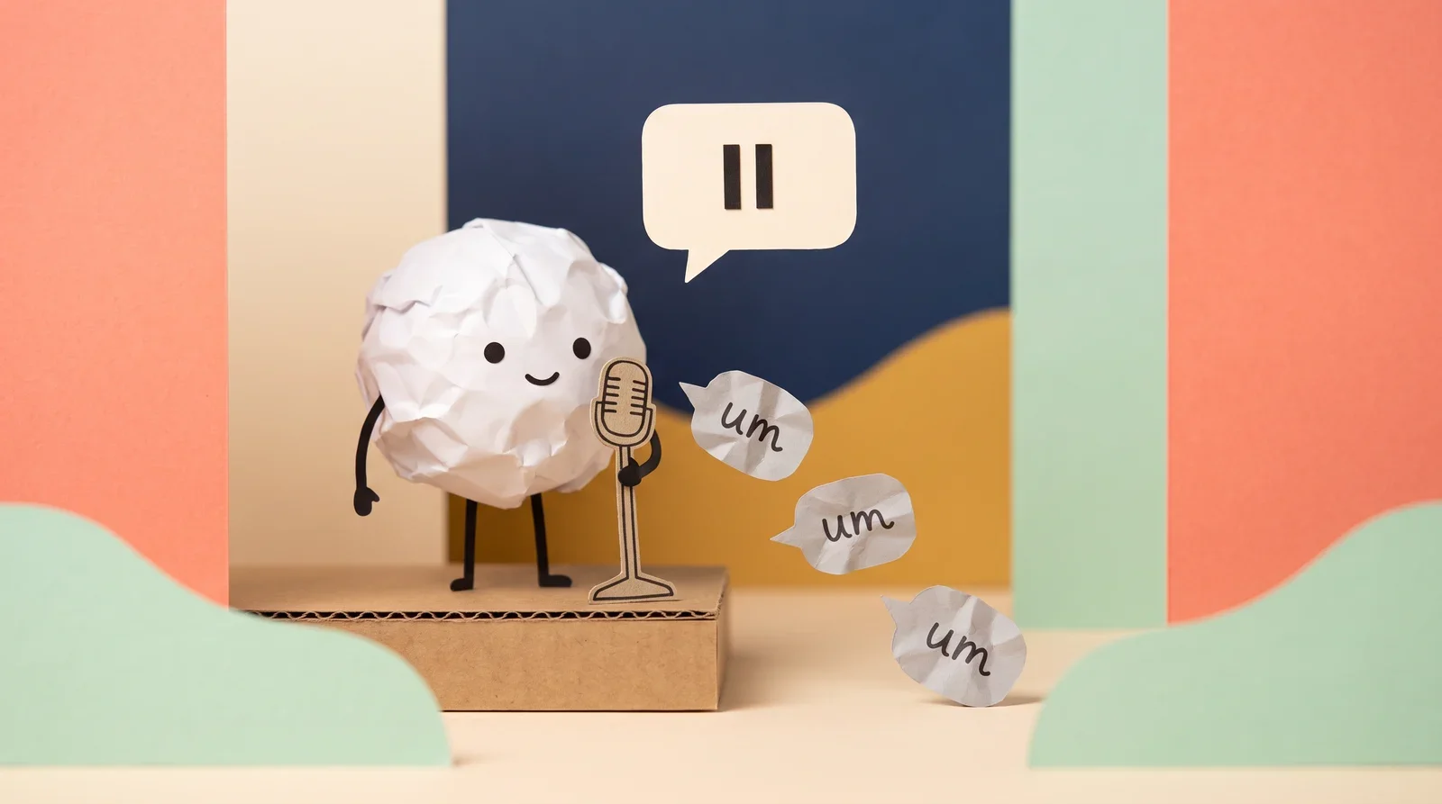 Pip the paper ball at a paper microphone on a small stage as grey um bubbles fall away and a cream speech bubble shows a pause symbol