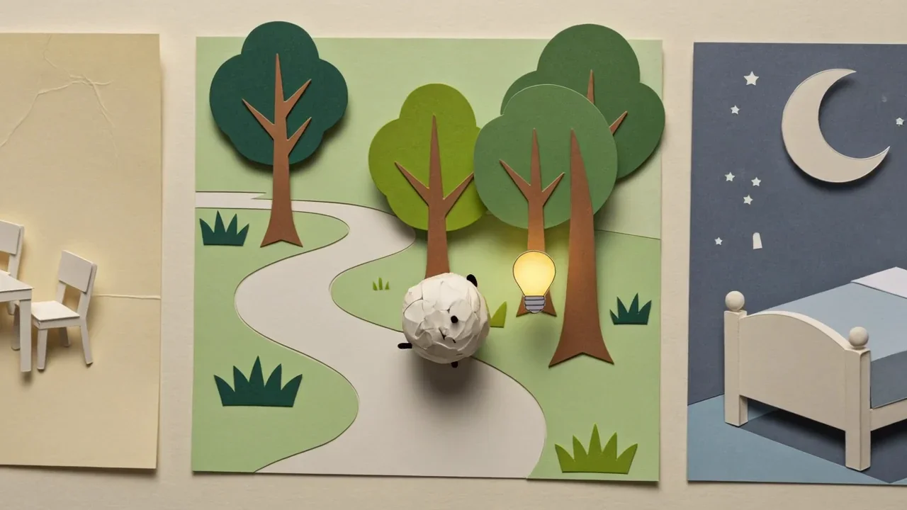 Paper diorama of a meeting table, a winding footpath and a bed at night, with Pip rolling between them, the situations where ideas arrive