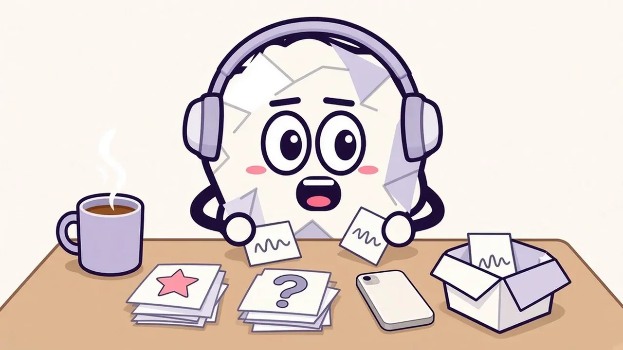 Pip the paper ball in headphones at a desk with tea, sorting paper cards with waveforms into a starred pile, a maybe pile and a discard tray