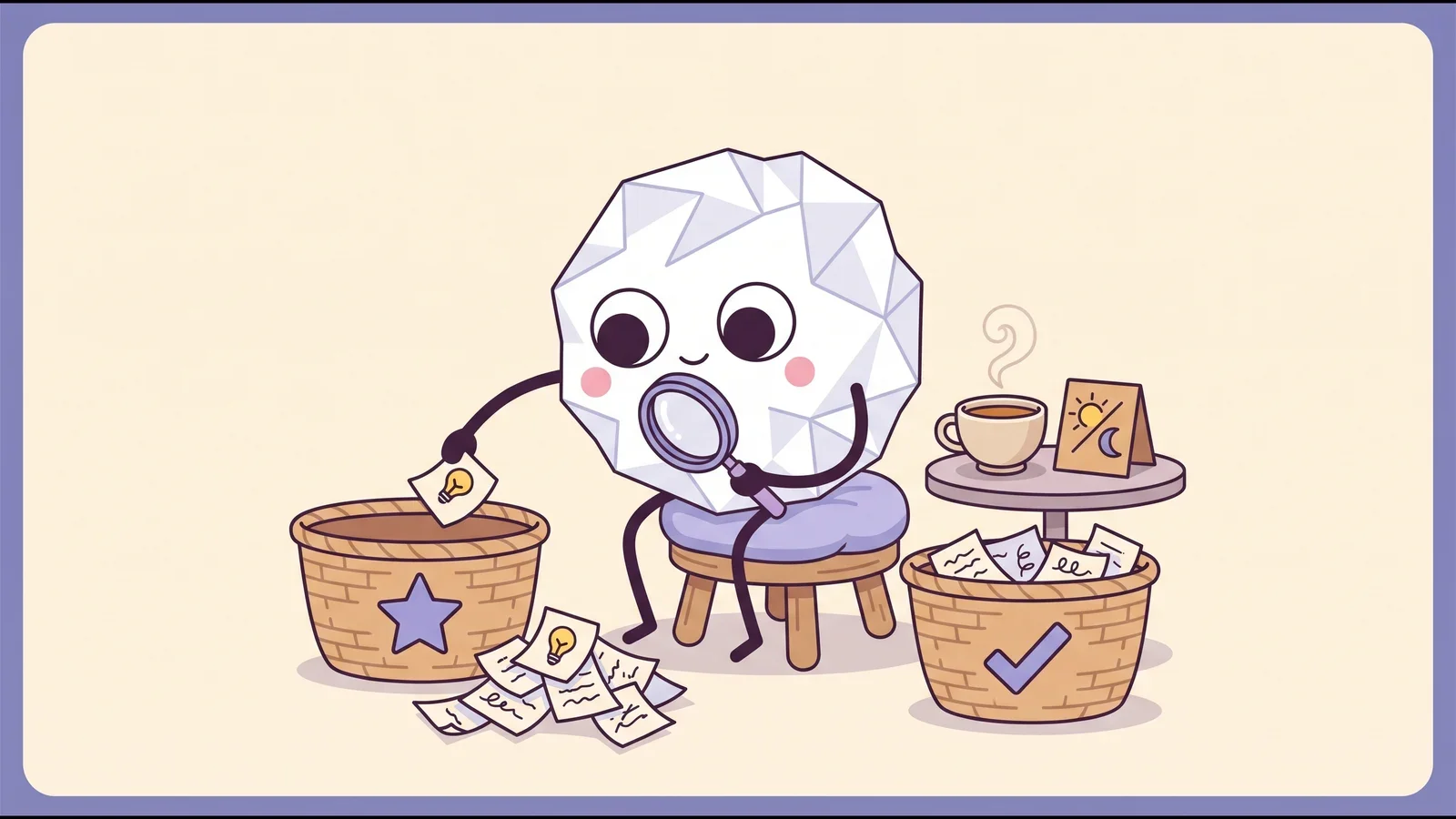 Pip the paper ball on a stool with a magnifying glass, sorting paper idea scraps into one basket marked with a star and one marked with a check